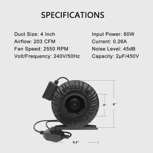 SunStream Duct Inline Fan with Speed Controller Vent Blower for HVAC Exhaust and Intake, Grounded Power Cord