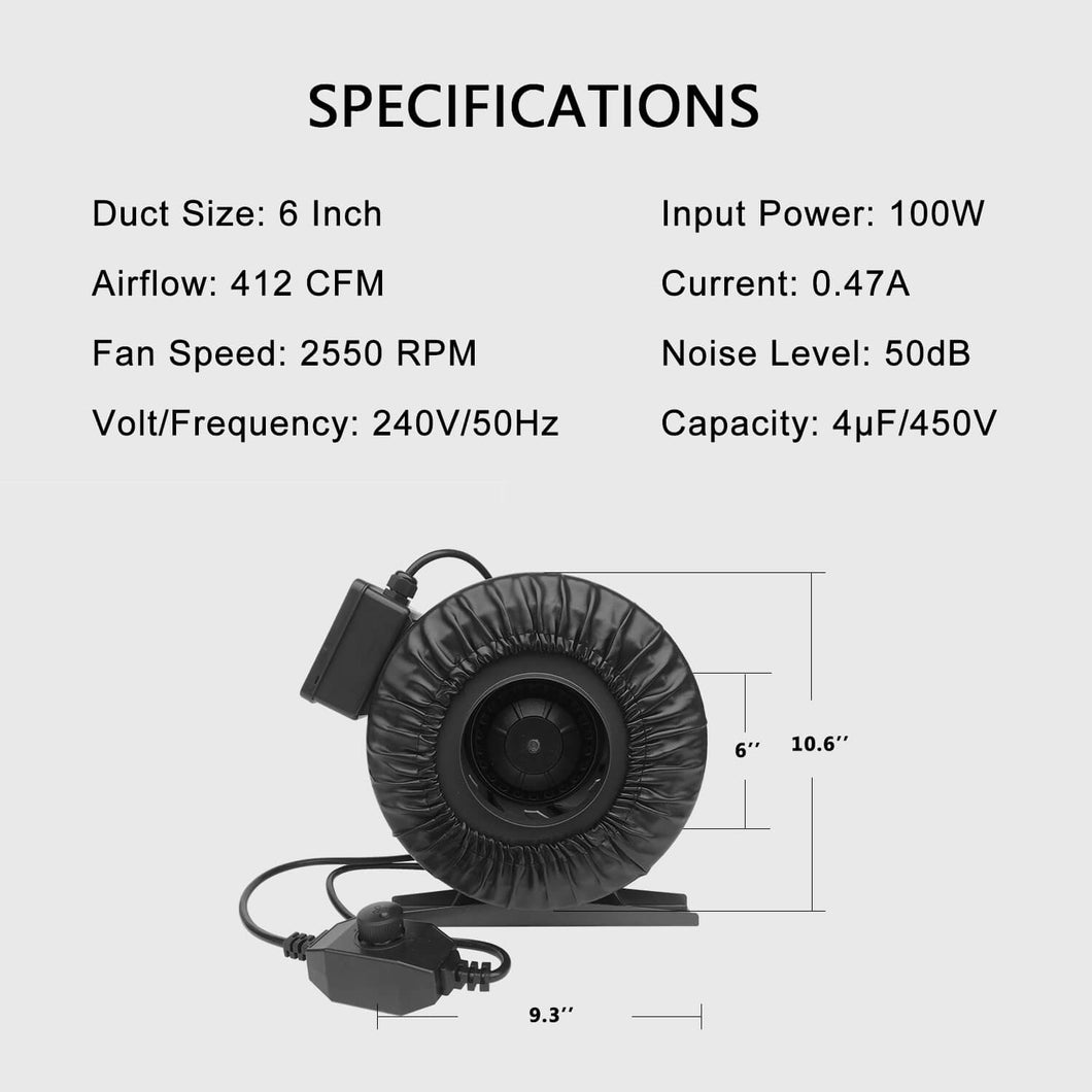 SunStream Duct Inline Fan with Speed Controller Vent Blower for HVAC Exhaust and Intake, Grounded Power Cord