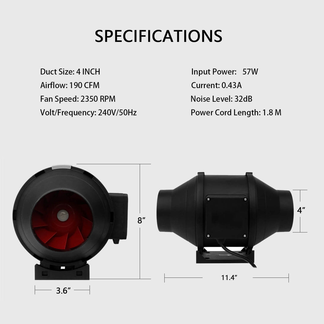 SunStream Plastic Duct Inline Fan Heating Cooling Ventilation for Exhaust and Intake, Grounded Power Cord