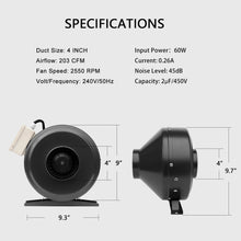 Load image into Gallery viewer, SunStream Duct Inline Fan Vent Blower for HVAC Exhaust and Intake, Grounded Power Cord