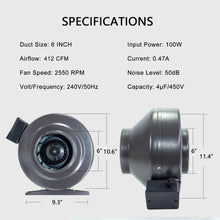 Load image into Gallery viewer, SunStream Duct Inline Fan Vent Blower for HVAC Exhaust and Intake, Grounded Power Cord